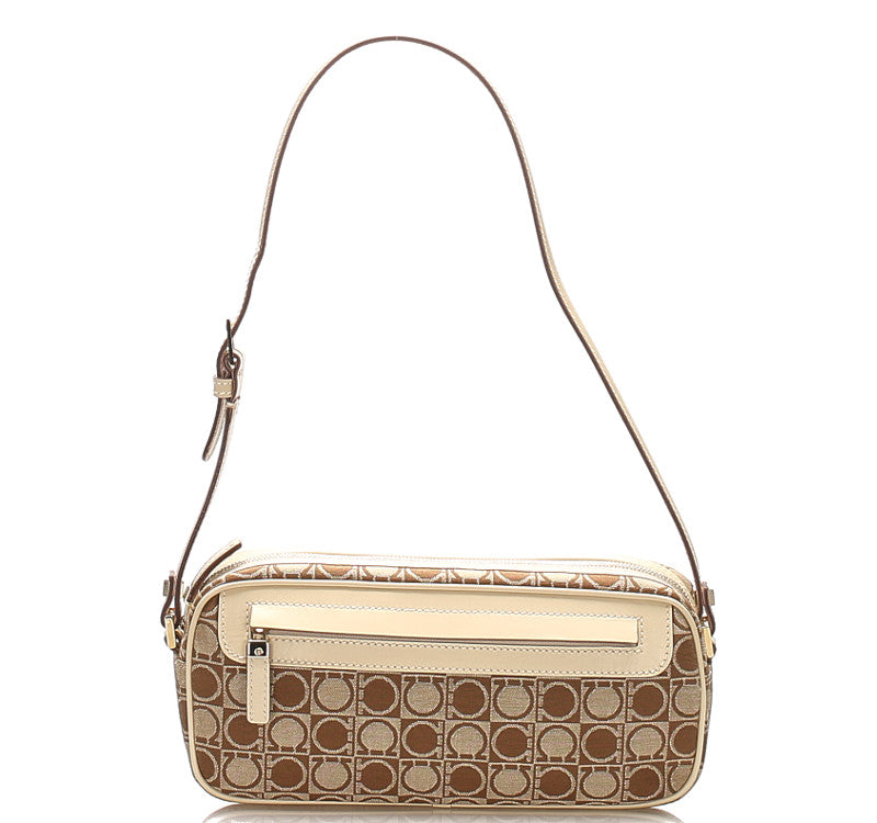 サルヴァトーレフェラガモ ガンチーニ AU-21 3323 ベージュ ブラウン キャンバス レザー ショルダーバッグ レディース Salvatore Ferragamo 中古