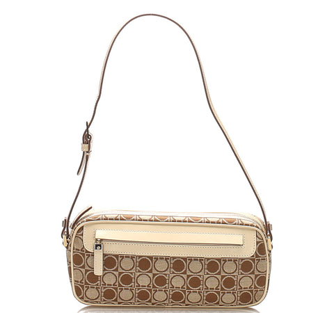 サルヴァトーレフェラガモ ガンチーニ AU-21 3323 ベージュ ブラウン キャンバス レザー ショルダーバッグ レディース Salvatore Ferragamo 中古