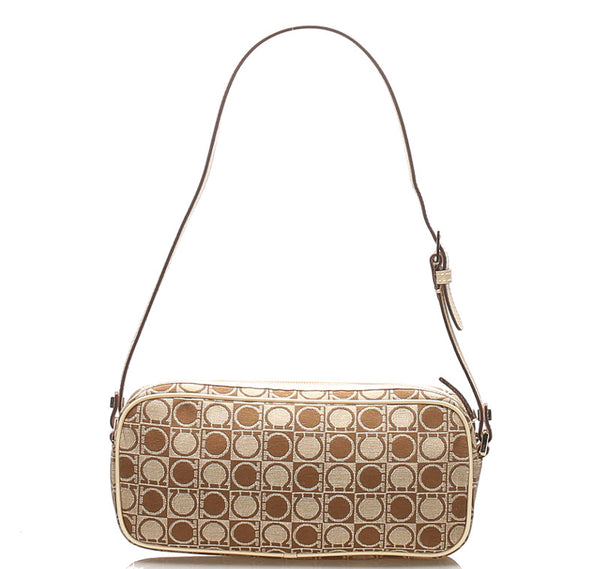 サルヴァトーレフェラガモ ガンチーニ AU-21 3323 ベージュ ブラウン キャンバス レザー ショルダーバッグ レディース Salvatore Ferragamo 中古