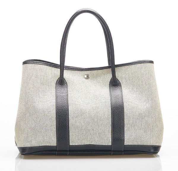 エルメス ガーデンパーティ PM グレー ブラック キャンバス レザー トートバッグ ユニセックス HERMES □G刻印 中古