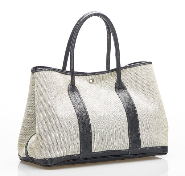 エルメス ガーデンパーティ PM グレー ブラック キャンバス レザー トートバッグ ユニセックス HERMES □G刻印 中古