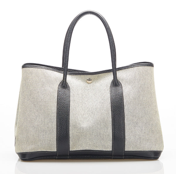 エルメス ガーデンパーティ PM グレー ブラック キャンバス レザー トートバッグ ユニセックス HERMES □G刻印 中古