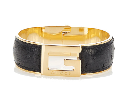 グッチ ブラック ゴールド レザー メッキ バングル レディース GUCCI 中古