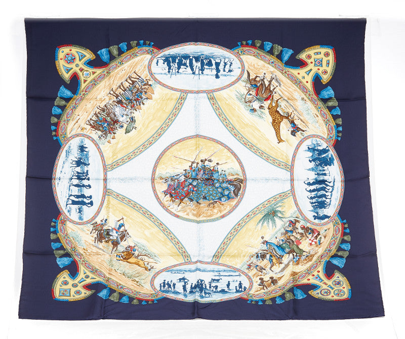 カレ90 CAVALIERS PEULS プール族の騎手 ブルー シルク スカーフ レディース 中古
