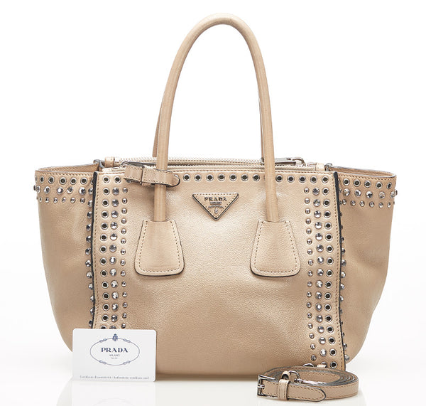 プラダ スタッズ B2625V ベージュ レザー ショルダーバッグ トートバッグ レディース PRADA 中古