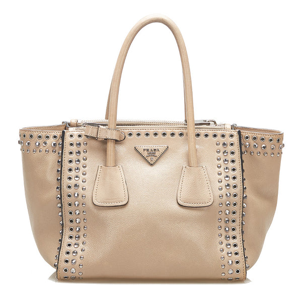 プラダ スタッズ B2625V ベージュ レザー ショルダーバッグ トートバッグ レディース PRADA 中古