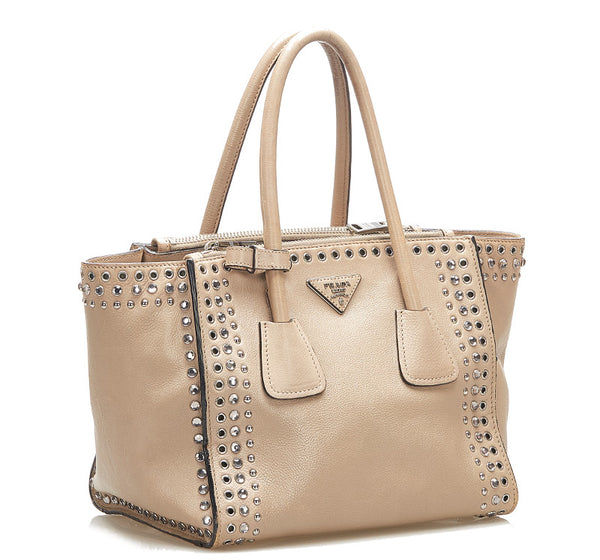 プラダ スタッズ B2625V ベージュ レザー ショルダーバッグ トートバッグ レディース PRADA 中古