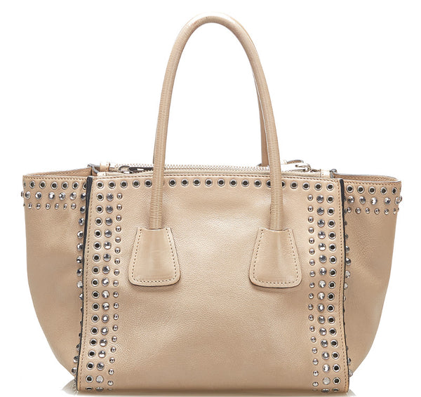 プラダ スタッズ B2625V ベージュ レザー ショルダーバッグ トートバッグ レディース PRADA 中古