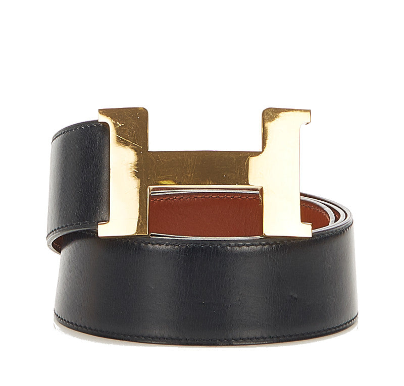 エルメス ブラック ゴールド レザー ベルト ユニセックス HERMES 〇F刻印 中古