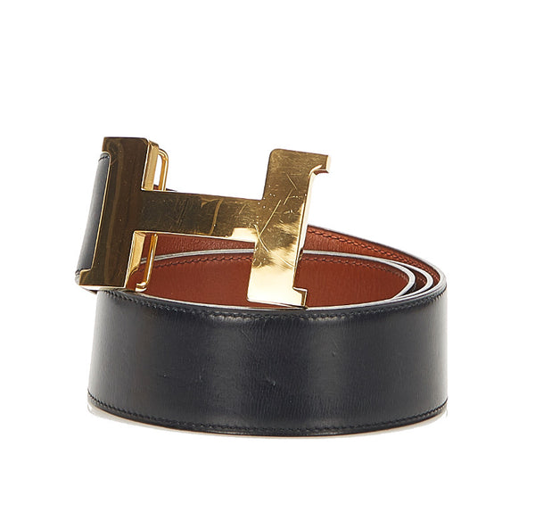 エルメス ブラック ゴールド レザー ベルト ユニセックス HERMES 〇F刻印 中古