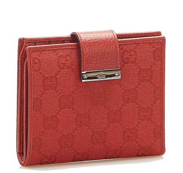 グッチ GGキャンバス レッド キャンバス レザー 二つ折り財布 レディース GUCCI 中古