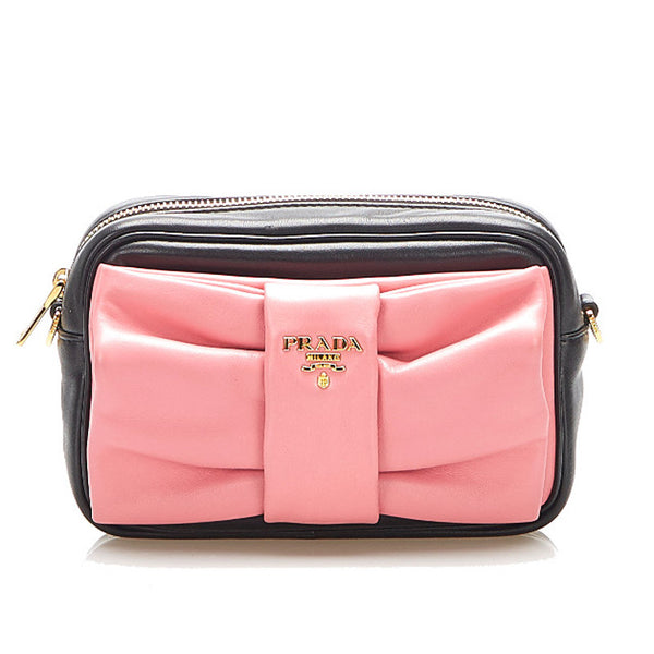 プラダ リボン BP0166 ブラック ピンク レザー 斜め掛け ショルダーバッグ レディース PRADA 中古