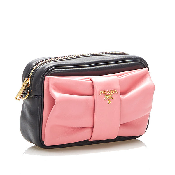 プラダ リボン BP0166 ブラック ピンク レザー 斜め掛け ショルダーバッグ レディース PRADA 中古