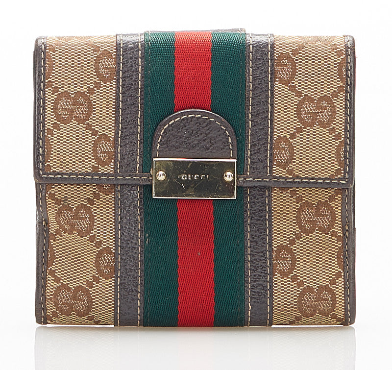 グッチ GGキャンバス シェリーライン 150672 ブラウン キャンバス 二つ折り財布 レディース GUCCI 中古