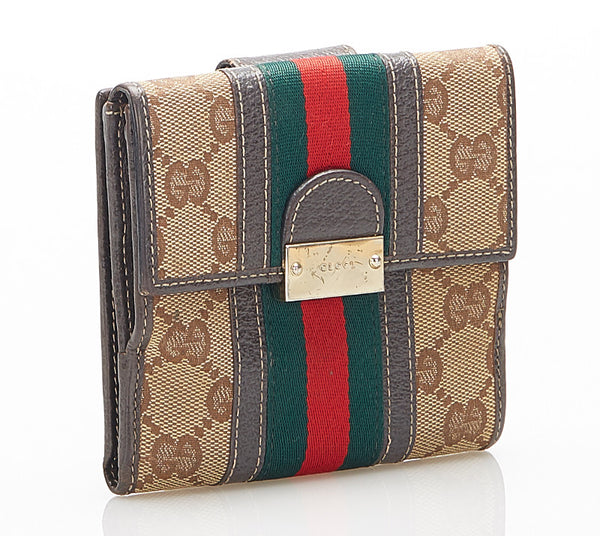グッチ GGキャンバス シェリーライン 150672 ブラウン キャンバス 二つ折り財布 レディース GUCCI 中古