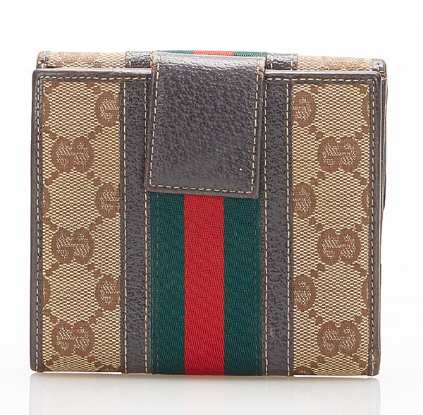 グッチ GGキャンバス シェリーライン 150672 ブラウン キャンバス 二つ折り財布 レディース GUCCI 中古