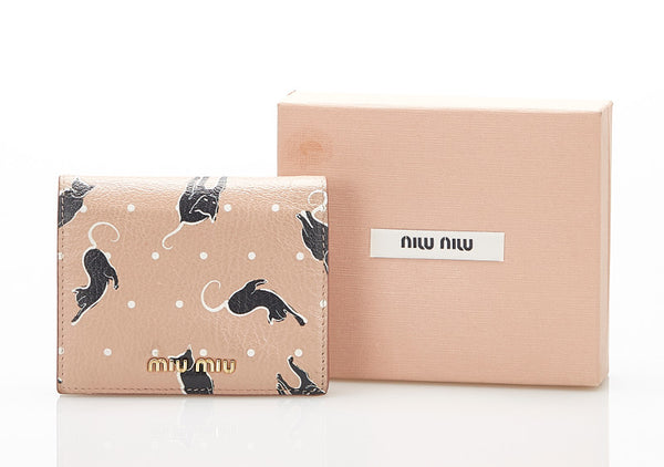 ミュウミュウ 猫 5MV204 ピンク ゴートレザー 二つ折り財布 レディース MIUMIU 中古