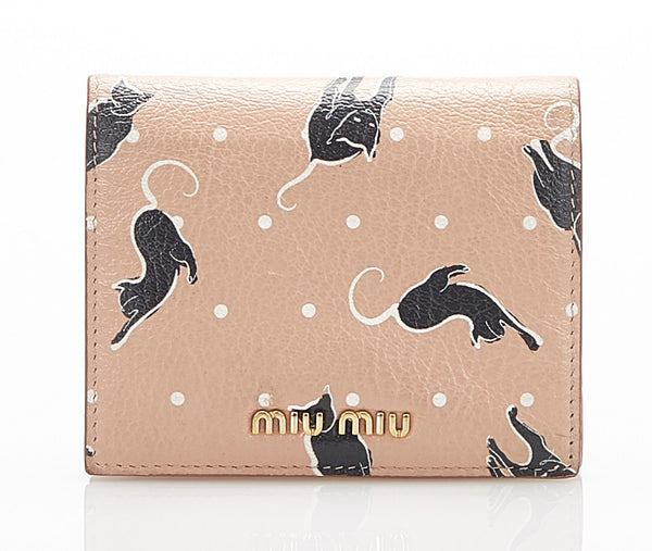 ミュウミュウ 猫 5MV204 ピンク ゴートレザー 二つ折り財布 レディース MIUMIU 中古