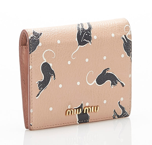 ミュウミュウ 猫 5MV204 ピンク ゴートレザー 二つ折り財布 レディース MIUMIU 中古