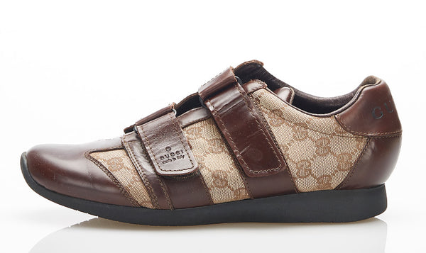 グッチ GGキャンバス ベルクロ 111 6047 ブラウン キャンバス レザー ドライビングスニーカー メンズ GUCCI 中古