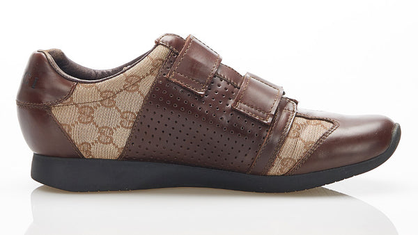 グッチ GGキャンバス ベルクロ 111 6047 ブラウン キャンバス レザー ドライビングスニーカー メンズ GUCCI 中古