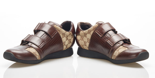 グッチ GGキャンバス ベルクロ 111 6047 ブラウン キャンバス レザー ドライビングスニーカー メンズ GUCCI 中古