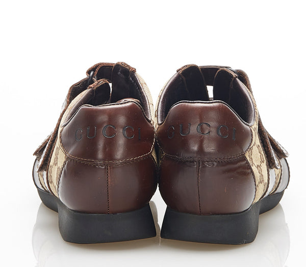 グッチ GGキャンバス ベルクロ 111 6047 ブラウン キャンバス レザー ドライビングスニーカー メンズ GUCCI 中古