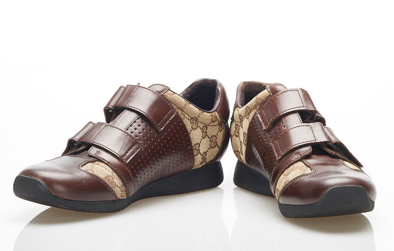 グッチ GGキャンバス ベルクロ 111 6047 ブラウン キャンバス レザー ドライビングスニーカー メンズ GUCCI 中古