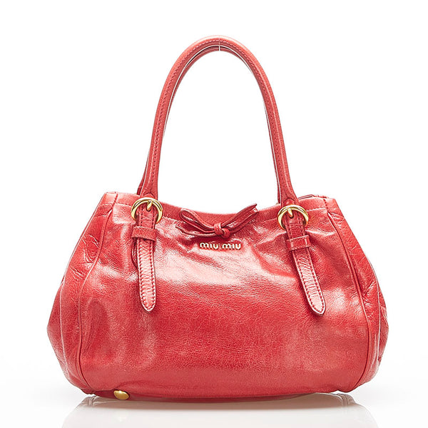 ミュウミュウ リボン レッド レザー ハンドバッグ レディース MIUMIU 中古