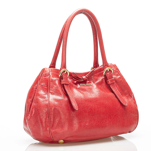 ミュウミュウ リボン レッド レザー ハンドバッグ レディース MIUMIU 中古