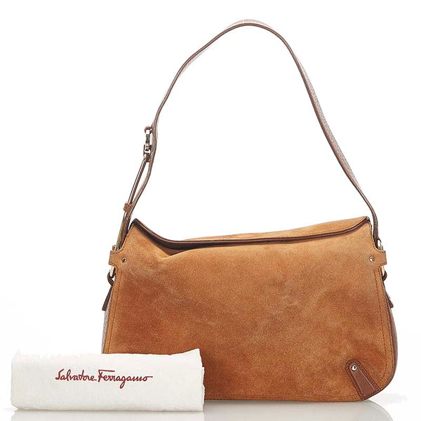 サルヴァトーレフェラガモ ガンチーニ ブラウン スウェード レザー 肩掛け ショルダーバッグ レディース Salvatore Ferragamo 【中古】