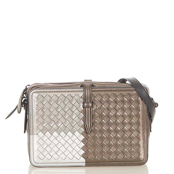 ボッテガヴェネタ イントレチャート メタリックカーキ シルバー  レザー ショルダーバッグ レディース BOTTEGAVENETA 【中古】