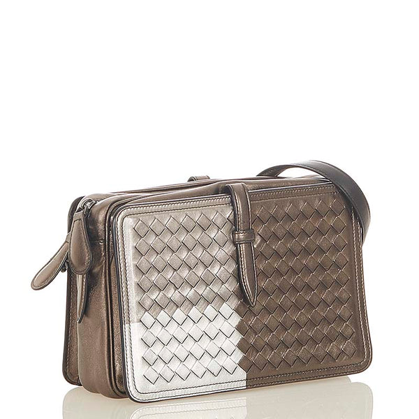 ボッテガヴェネタ イントレチャート メタリックカーキ シルバー  レザー ショルダーバッグ レディース BOTTEGAVENETA 【中古】