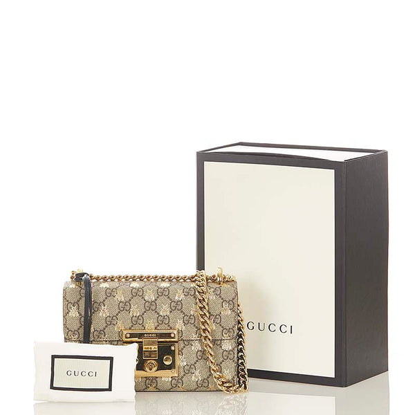 グッチ GGスプリーム ビー 蜂  409487 ベージュ ブラウン PVC レザー チェーン ショルダーバッグ レディース GUCCI 【中古】