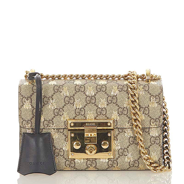 グッチ GGスプリーム ビー 蜂  409487 ベージュ ブラウン PVC レザー チェーン ショルダーバッグ レディース GUCCI 【中古】