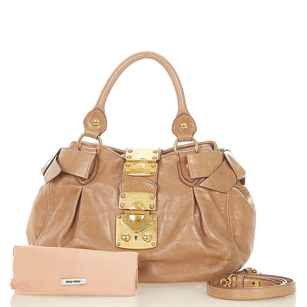 ミュウミュウ リボン ブラウン レザー ハンドバッグ ショルダーバッグ 2WAY レディース MIUMIU 【中古】