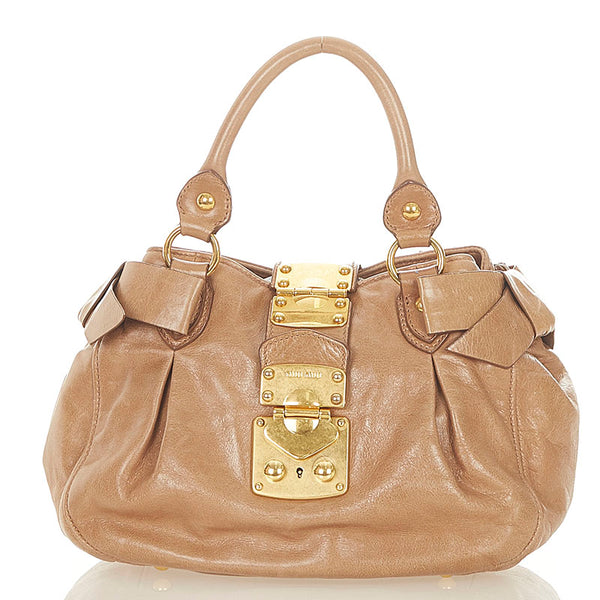ミュウミュウ リボン ブラウン レザー ハンドバッグ ショルダーバッグ 2WAY レディース MIUMIU 【中古】