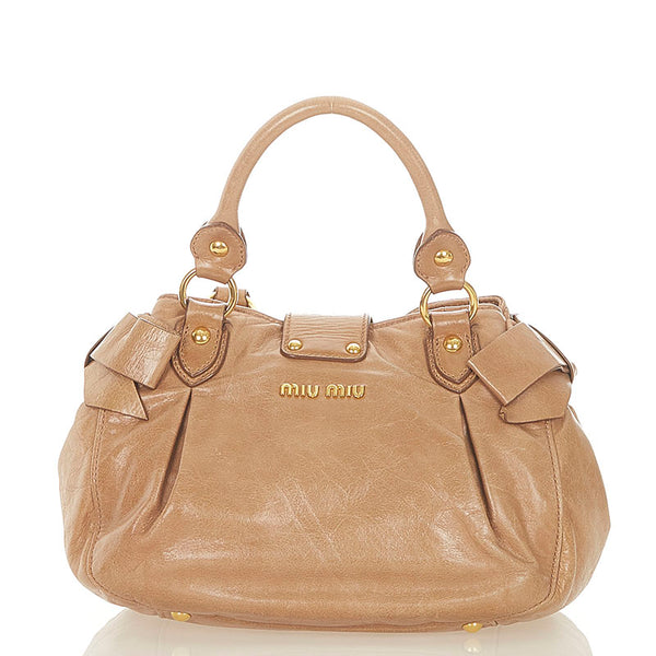 ミュウミュウ リボン ブラウン レザー ハンドバッグ ショルダーバッグ 2WAY レディース MIUMIU 【中古】