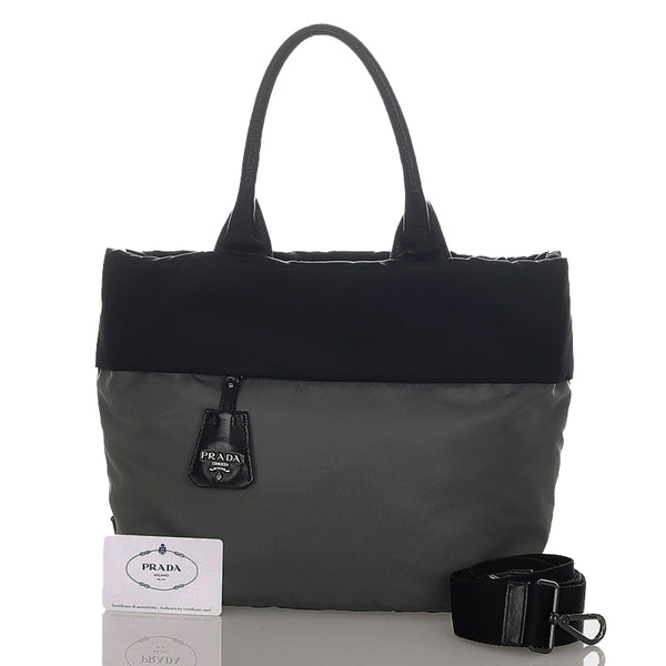 プラダ ブラック グレー ナイロン レザー ハンドバッグ レディース PRADA 【中古】