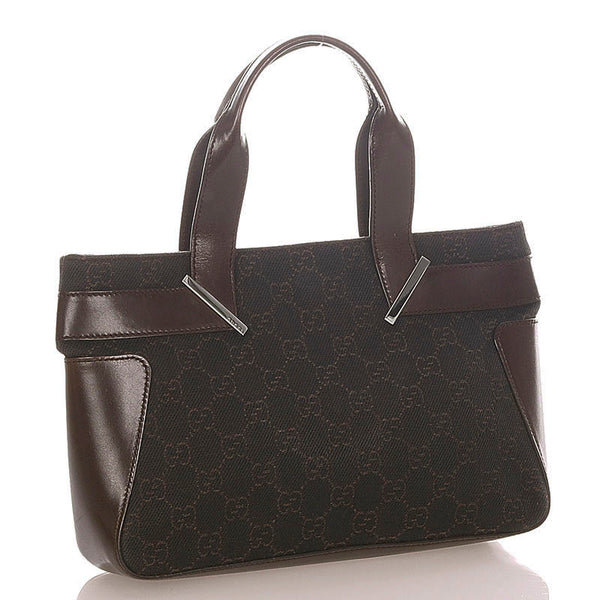 グッチ ジャガード　レザーバッグ　3525 73984 ブラウン レザー キャンバス ハンドバッグ レディース GUCCI 【中古】