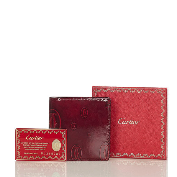 カルティエ ハッピーバースデー 二つ折り財布 ボルドー エナメル レザー メンズ CARTIER 【中古】