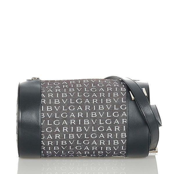 ブルガリ ロゴマニア グレー ブラック キャンバス レザー ショルダーバッグ レディース BVLGARI 【中古】