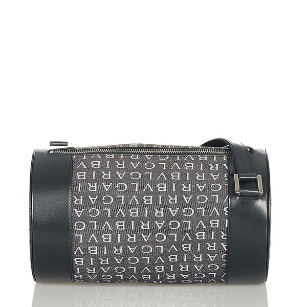 ブルガリ ロゴマニア グレー ブラック キャンバス レザー ショルダーバッグ レディース BVLGARI 【中古】