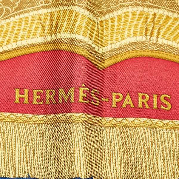 エルメス カレ90 Poste et Cavalerie サーベル飾り袋 スカーフ ブルー イエロー シルク レディース HERMES 【中古】
