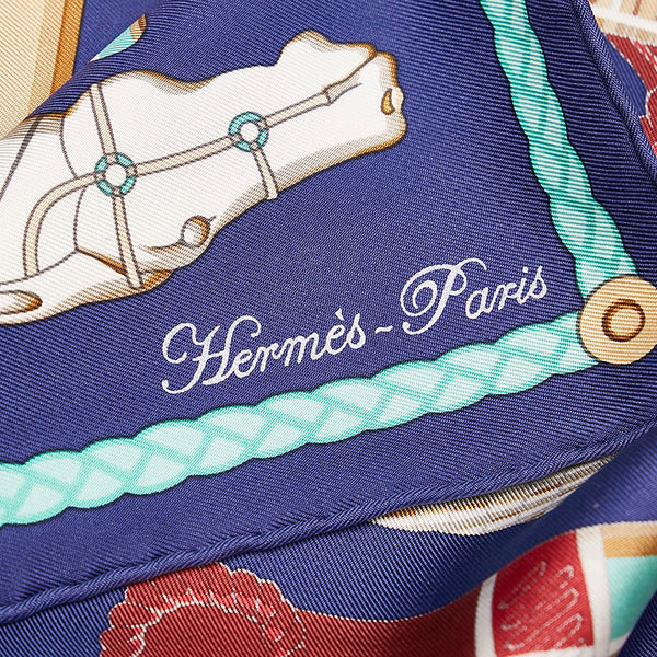 エルメス カレ90 Les cannes ステッキ スカーフ ネイビー ホワイト シルク レディース HERMES 【中古】