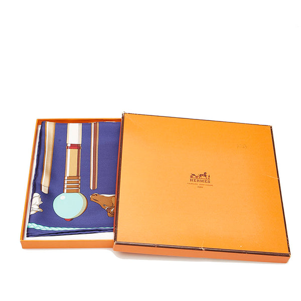 エルメス カレ90 Les cannes ステッキ スカーフ ネイビー ホワイト シルク レディース HERMES 【中古】