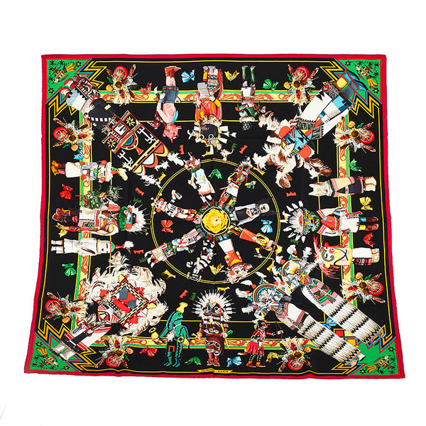 エルメス カレ90 Kachinas カチナ スカーフ ブラック レッド シルク レディース HERMES 【中古】