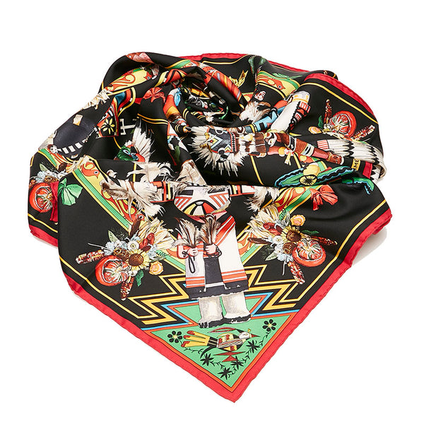 エルメス カレ90 Kachinas カチナ スカーフ ブラック レッド シルク レディース HERMES 【中古】