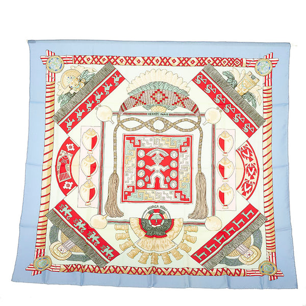 エルメス カレ90 HUACA PIRU 神聖なるペルー スカーフ ライトブルー マルチカラー シルク レディース HERMES 【中古】