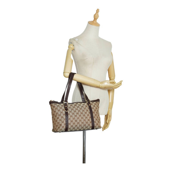 グッチ GGキャンバス ハンドバッグ トートバッグ 141470 ベージュ ブラウン キャンバス レザー レディース GUCCI 【中古】